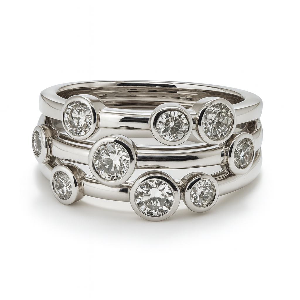 3 Row bubble style ring with bezel set round diamonds on a white background brilliant cut diamonds