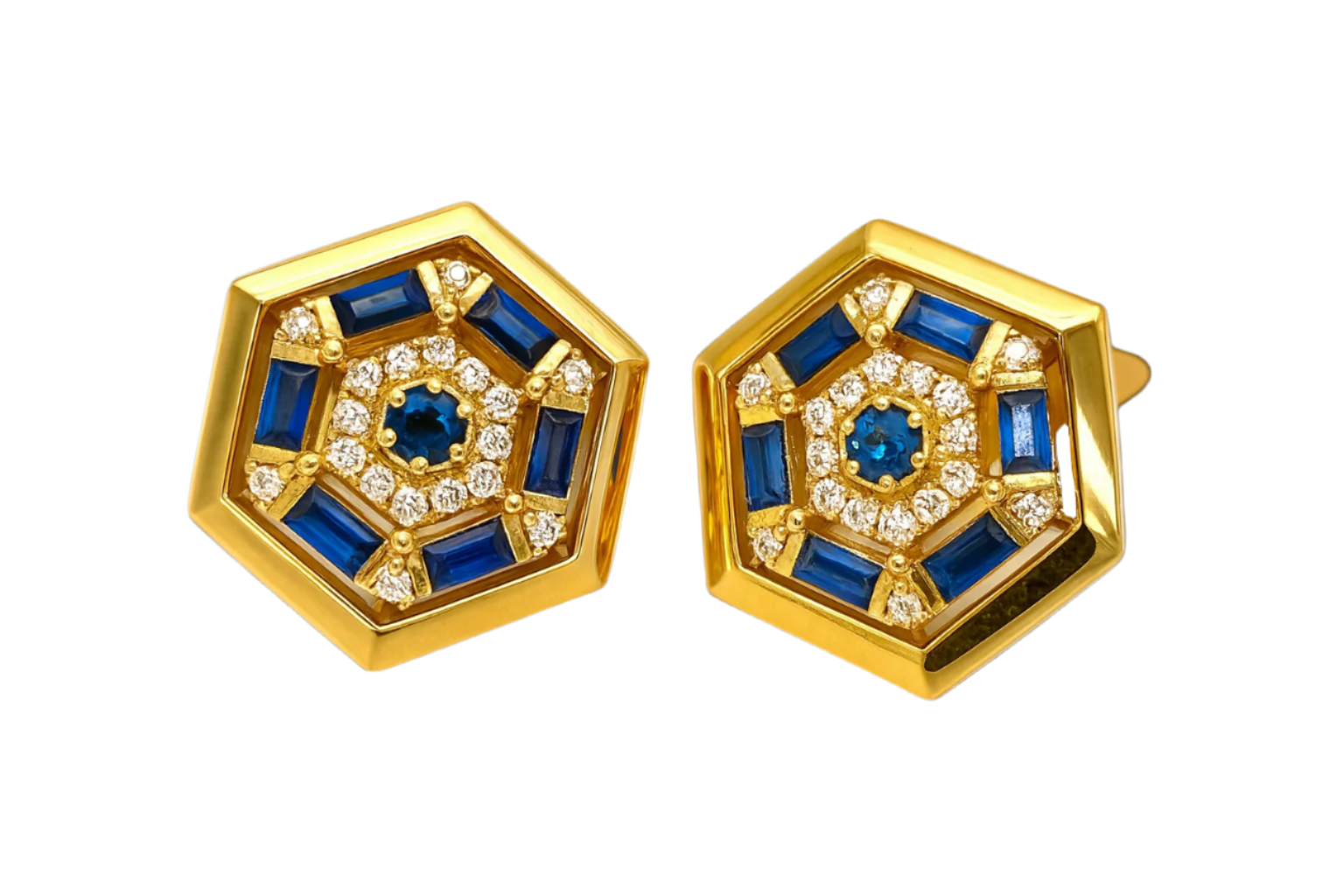 Hexagonal gold cufflinks with blue sapphires and diamonds on a white background