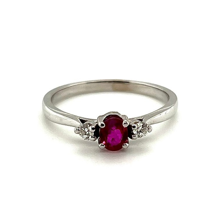 18k White Gold Oval Ruby & Diamond Trilogy Ring