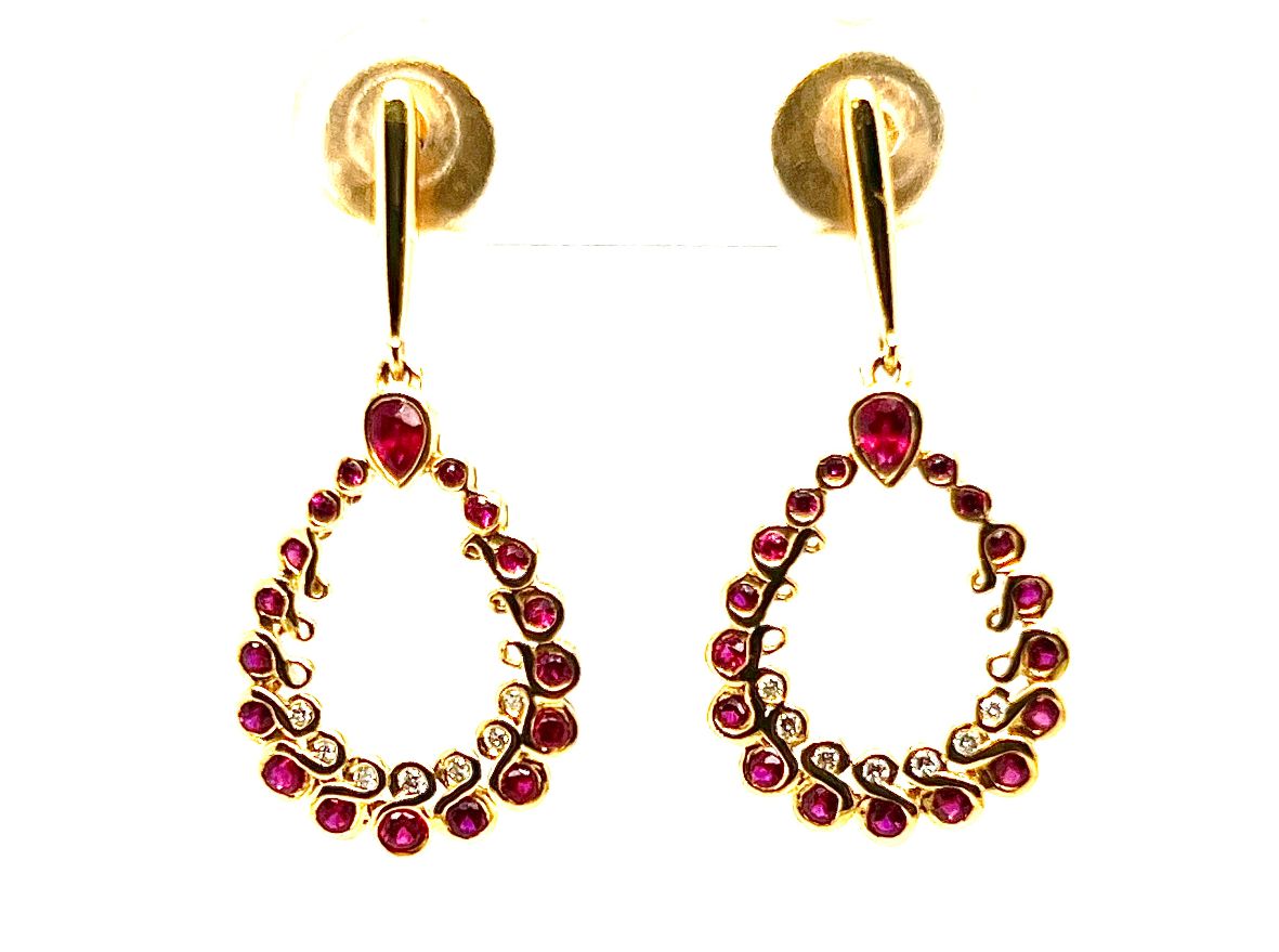 18k Yellow Gold Ruby & Diamond Drop Earrings