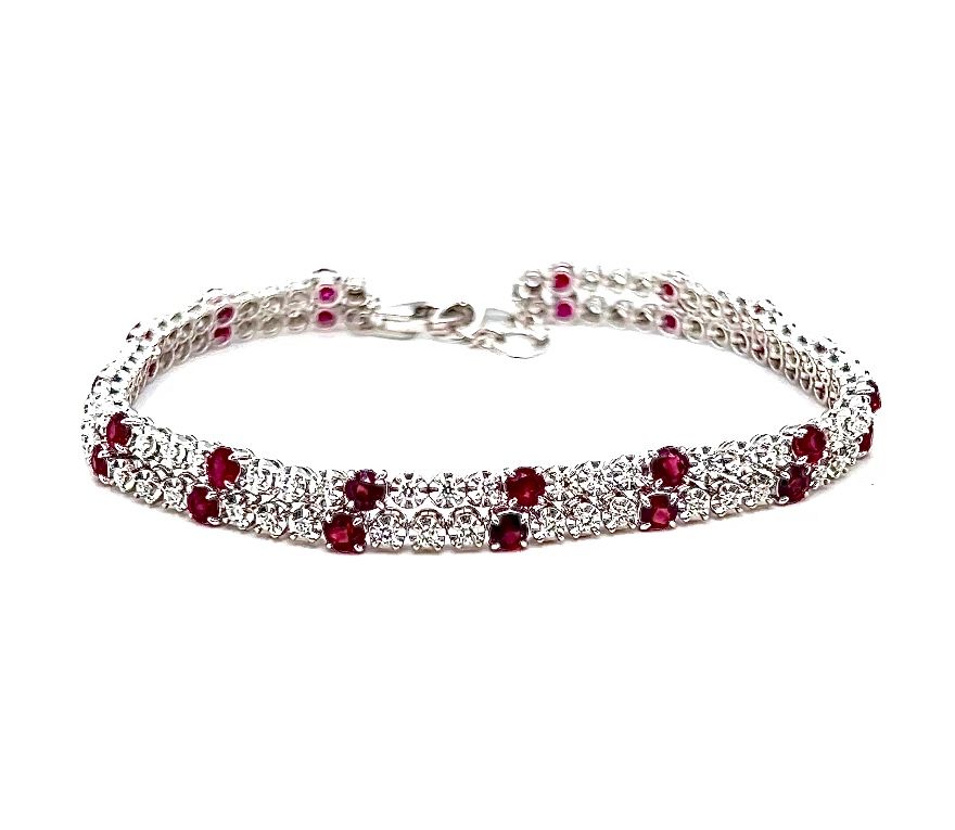 18k White Gold Two Row Diamond & Ruby Bracelet