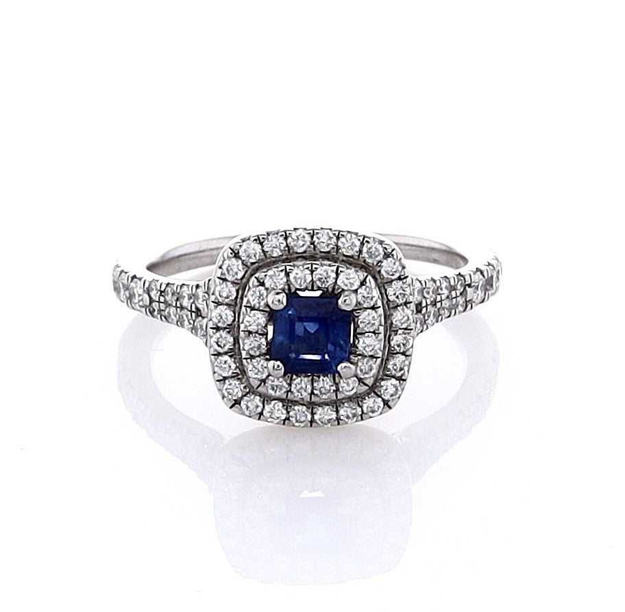 Platinum Double Halo Diamond & Sapphire Ring