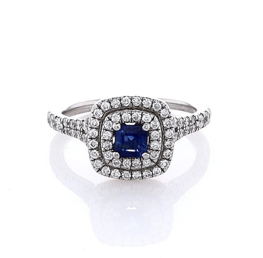 Platinum Double Halo Diamond & Sapphire Ring