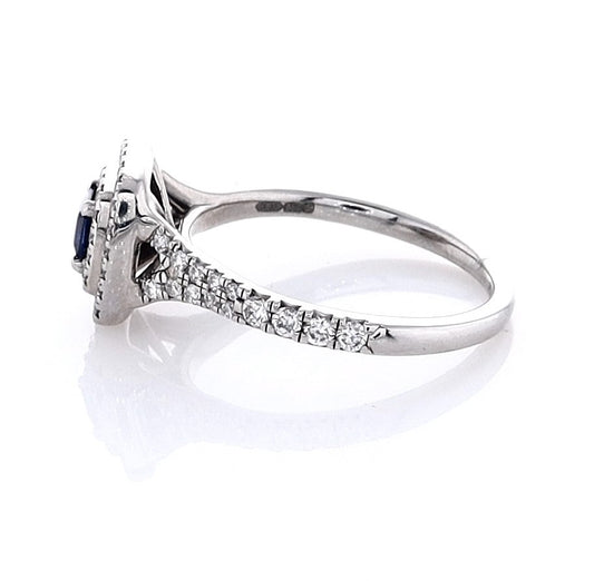 Platinum Square Emerald Cut Blue Sapphire Double Halo Ring