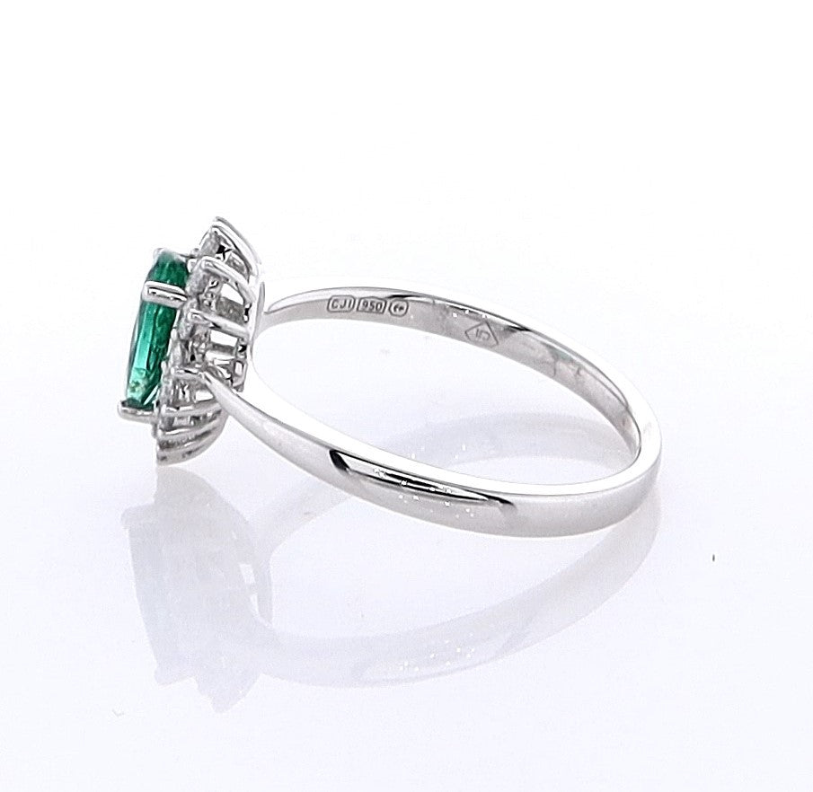 Platinum Pear Shape Emerald & Diamond Halo Ring