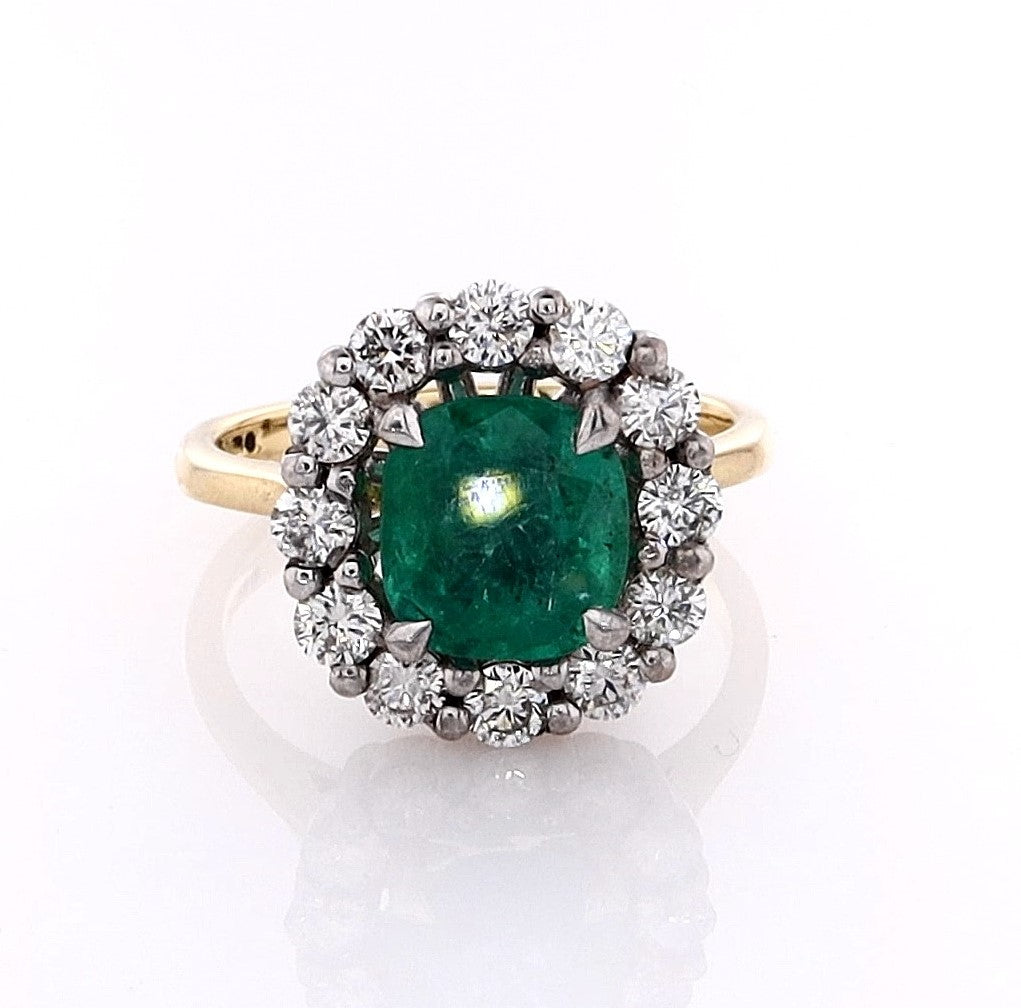 18k Yellow & Platinum Emerald Halo Ring