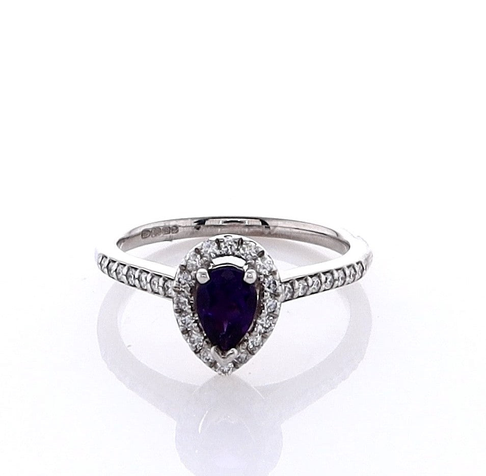 18k White Gold Pear Shaped Amethyst & Diamond Ring