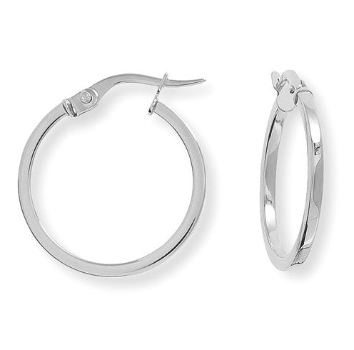 A pair of 9k white gold hoop earrings, one earring is shown with the hook facing upwards and the other with the hook facing downwards, displaying the backside of the hoop.