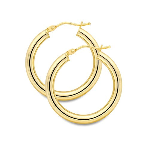 A pair of 9k yellow gold plain hoop earrings against a white background.