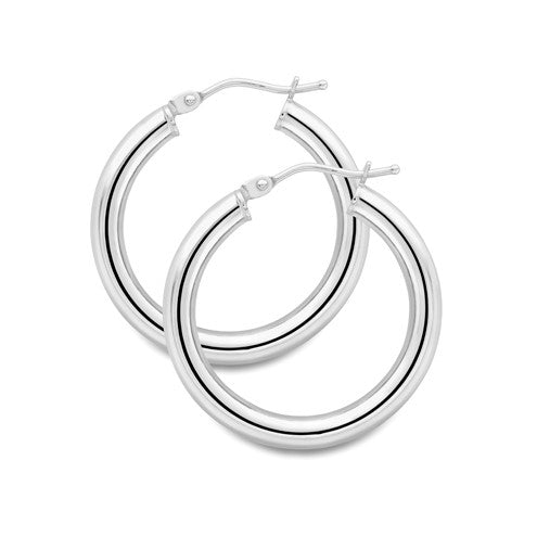 A pair of 9k white gold plain hoop earrings with a smooth finish.