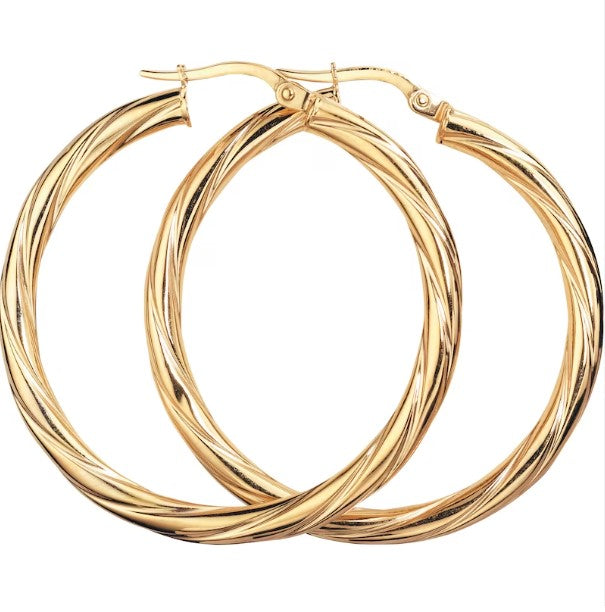 A pair of 9k yellow gold twisted hoop earrings.