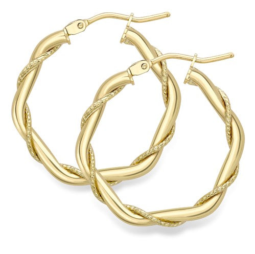 9k Yellow Gold Twisted Pattern Hoop Earrings