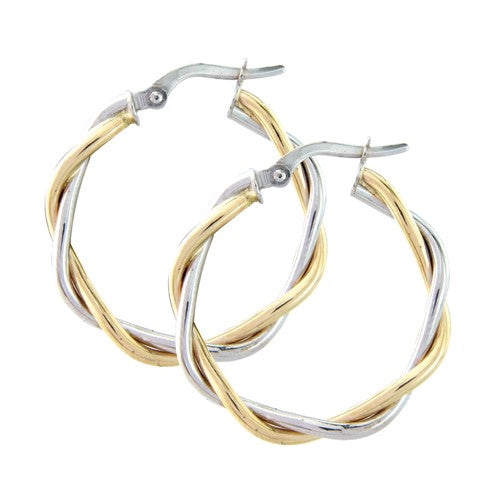 A pair of 9k white and yellow gold twisted hoop earrings.