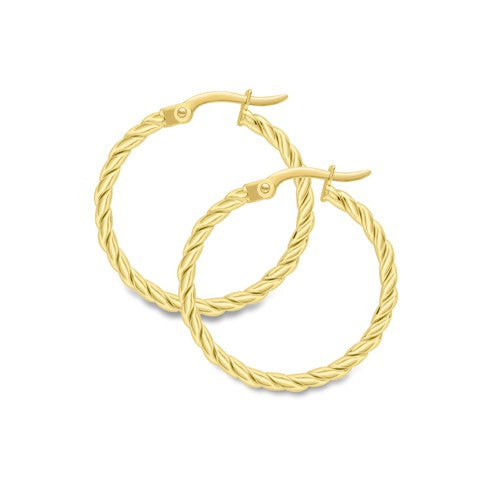 A pair of 9k yellow gold twisted hoop earrings against a white background.