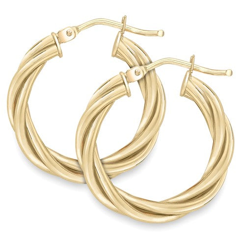 A pair of 9k yellow gold twisted hoop earrings.