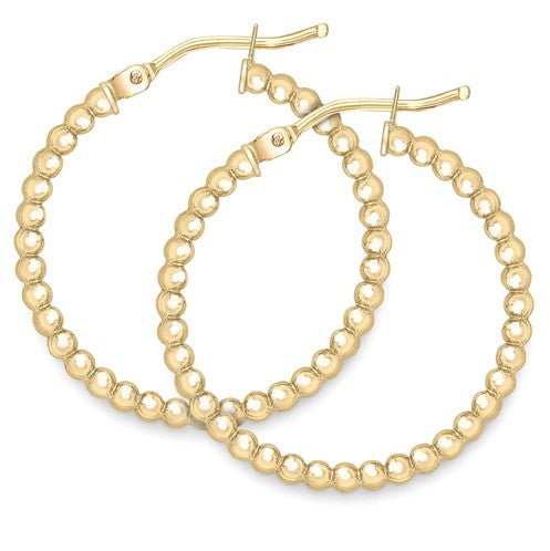 A pair of 9k gold hoop earrings with intricate gold detailing, showcasing a classic bubble design.