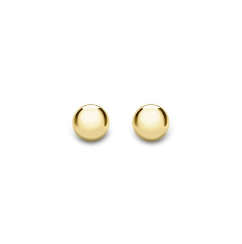 A pair of 9k yellow gold ball stud earrings against a white background.