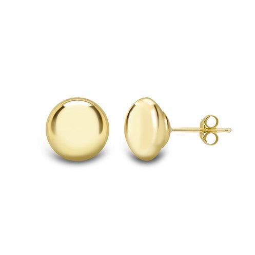A pair of 9k yellow gold button stud earrings against a white background.