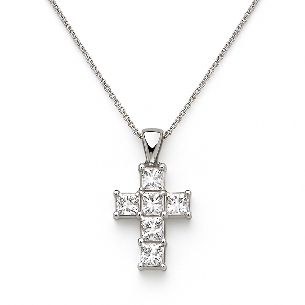 18k White Gold Princess Cut Diamond Crucifix Pendant
