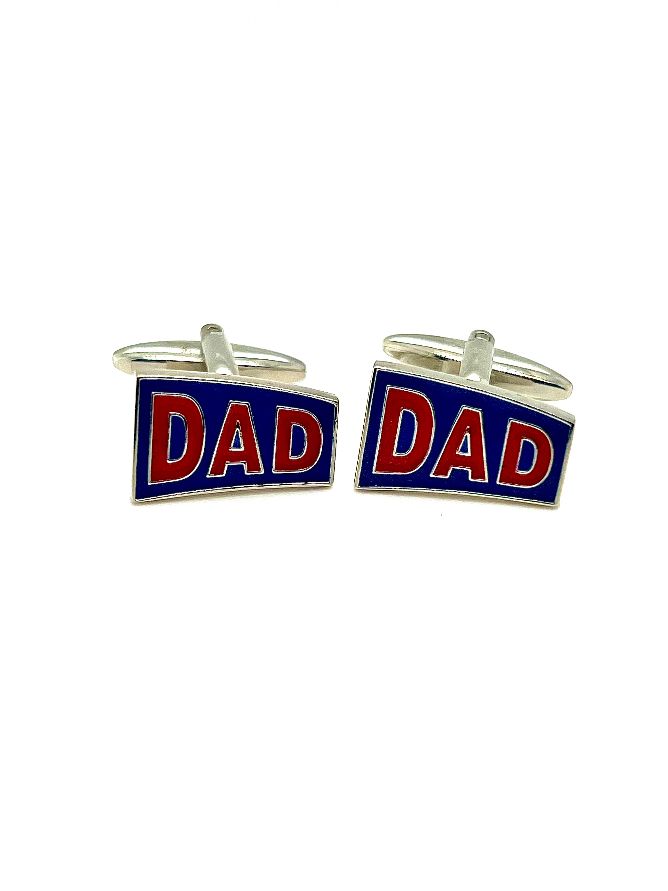 A pair of silver cufflinks with the word 'DAD' in blue and red on a shield-shaped base.
