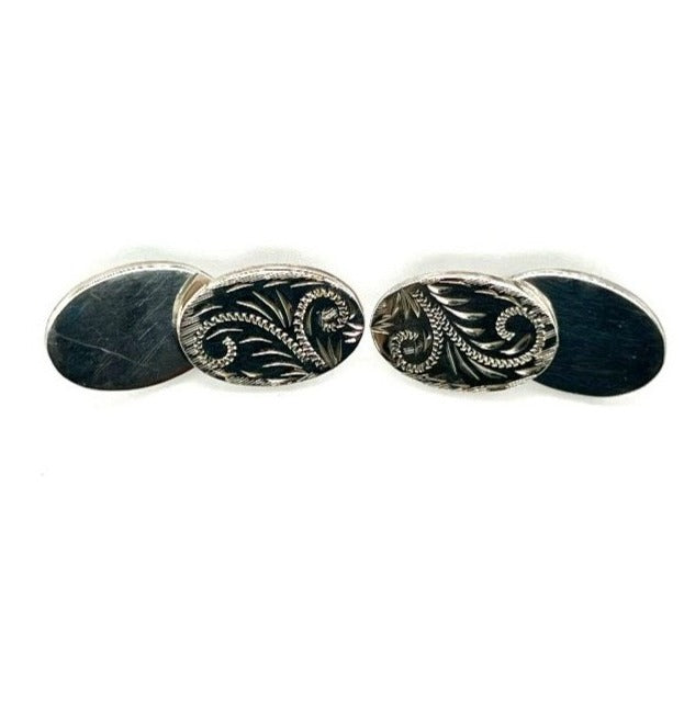 Oval Engraved & Plain Double Cufflinks in Sterling Silver