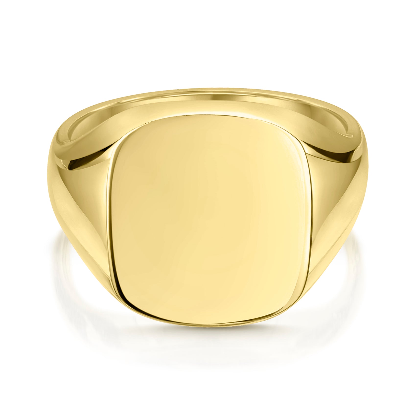 9k yellow gold cushion signet ring with a rounded cuff and a visible gold band.