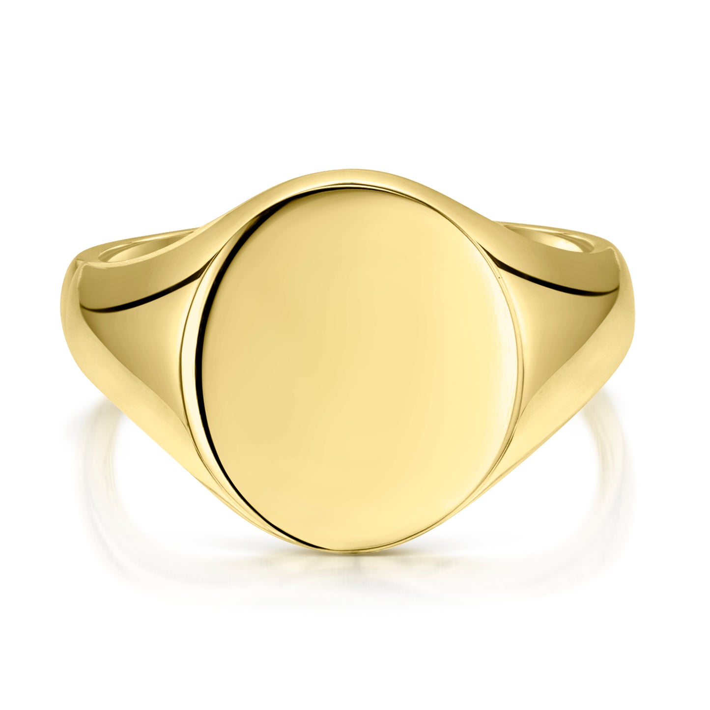 An 18k yellow gold oval signet ring with a polished finish on a white background.