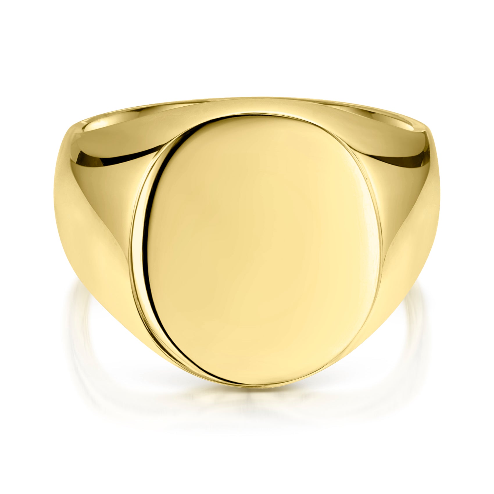 An 18k yellow gold large oval signet ring in size T, with a polished finish.