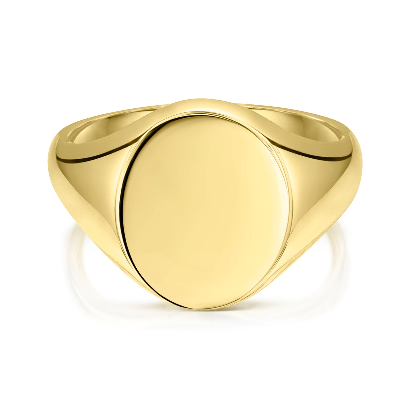 A 18k yellow gold oval signet ring with a polished finish, displayed against a white background.
