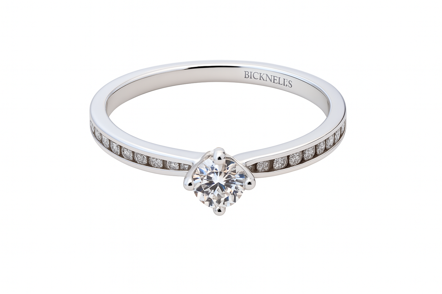 Diamond ring with 'Bicknells' engraving on a white background