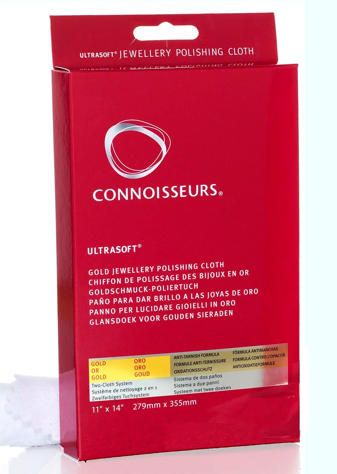 A red box of Connoisseurs UltraSoft Gold Jewellery Polishing Cloth, with the brand and product details printed on the front.