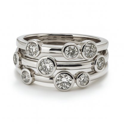 3 Row bubble style ring with bezel set round  diamonds on a white background brilliant cut diamonds