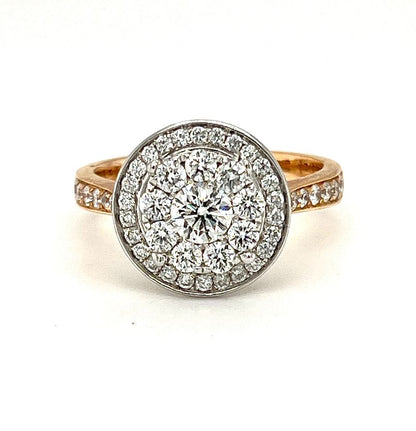 18k Rose & White Gold Round Brilliant Double Diamond Halo Dress Ring