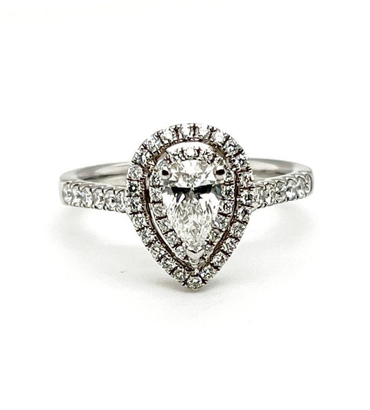 18K White Gold Double Halo Pear Cut Engagement Ring