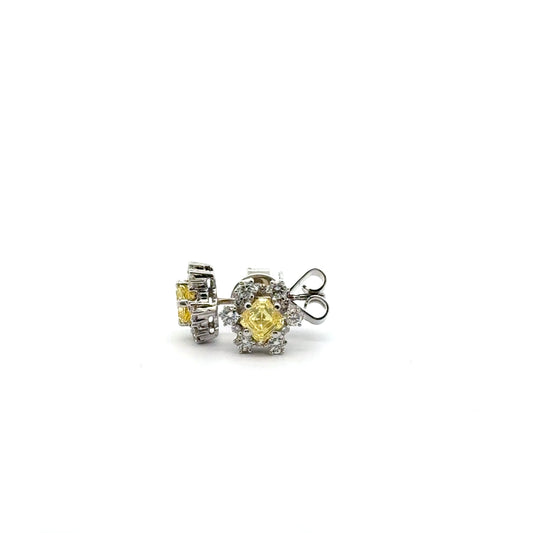 18k White Gold 1.23cttw Square Emerald Cut Yellow Lab Diamond Cluster Stud Earrings