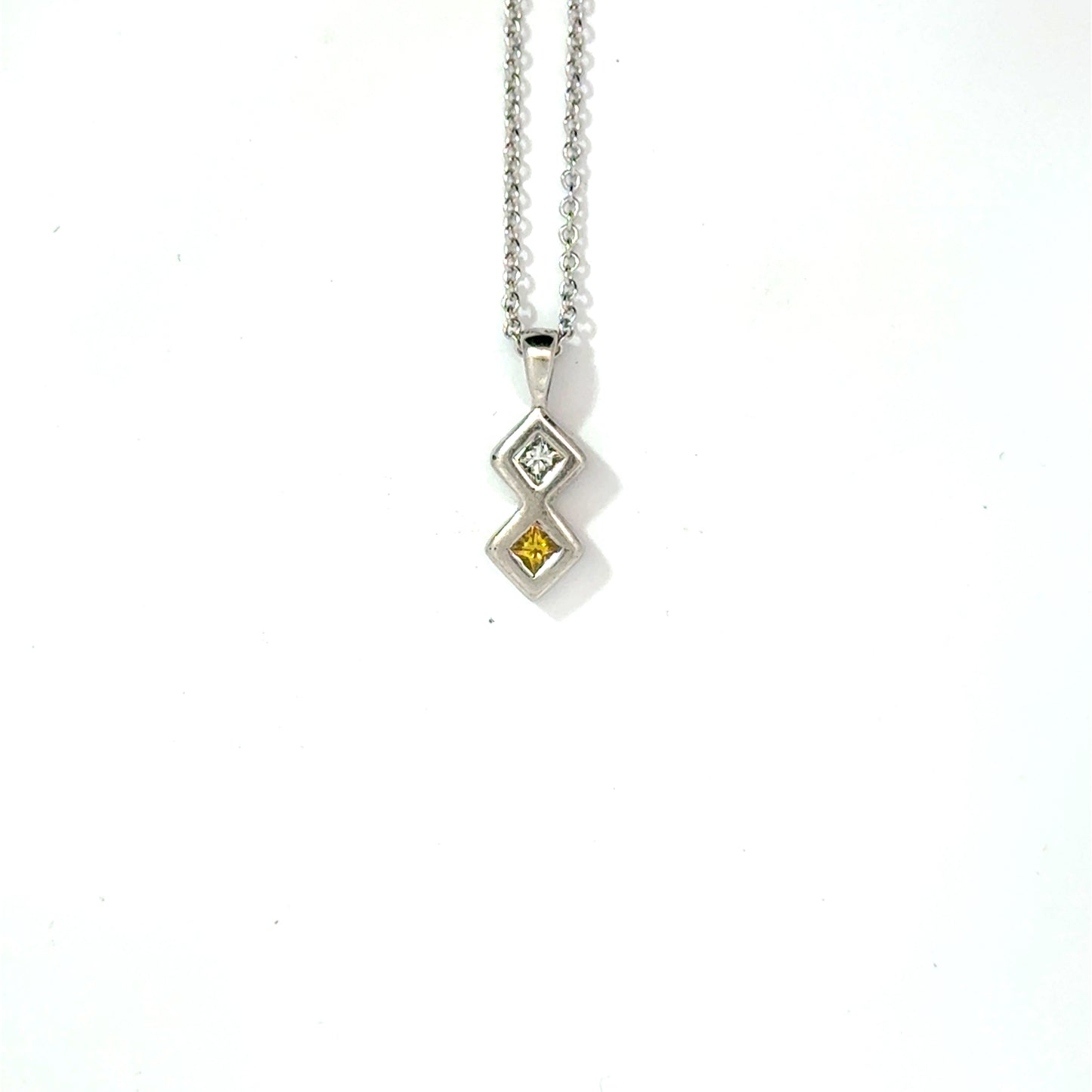 18k White Gold 0.13cttw Princess Cut White and Yellow Diamond Pendant