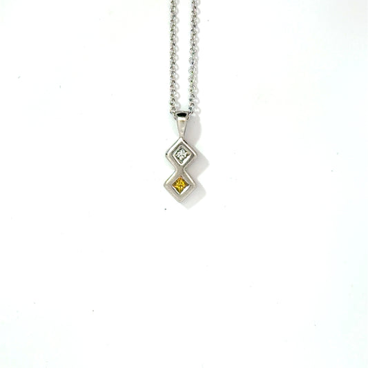 18k White Gold 0.13cttw Princess Cut White and Yellow Diamond Pendant