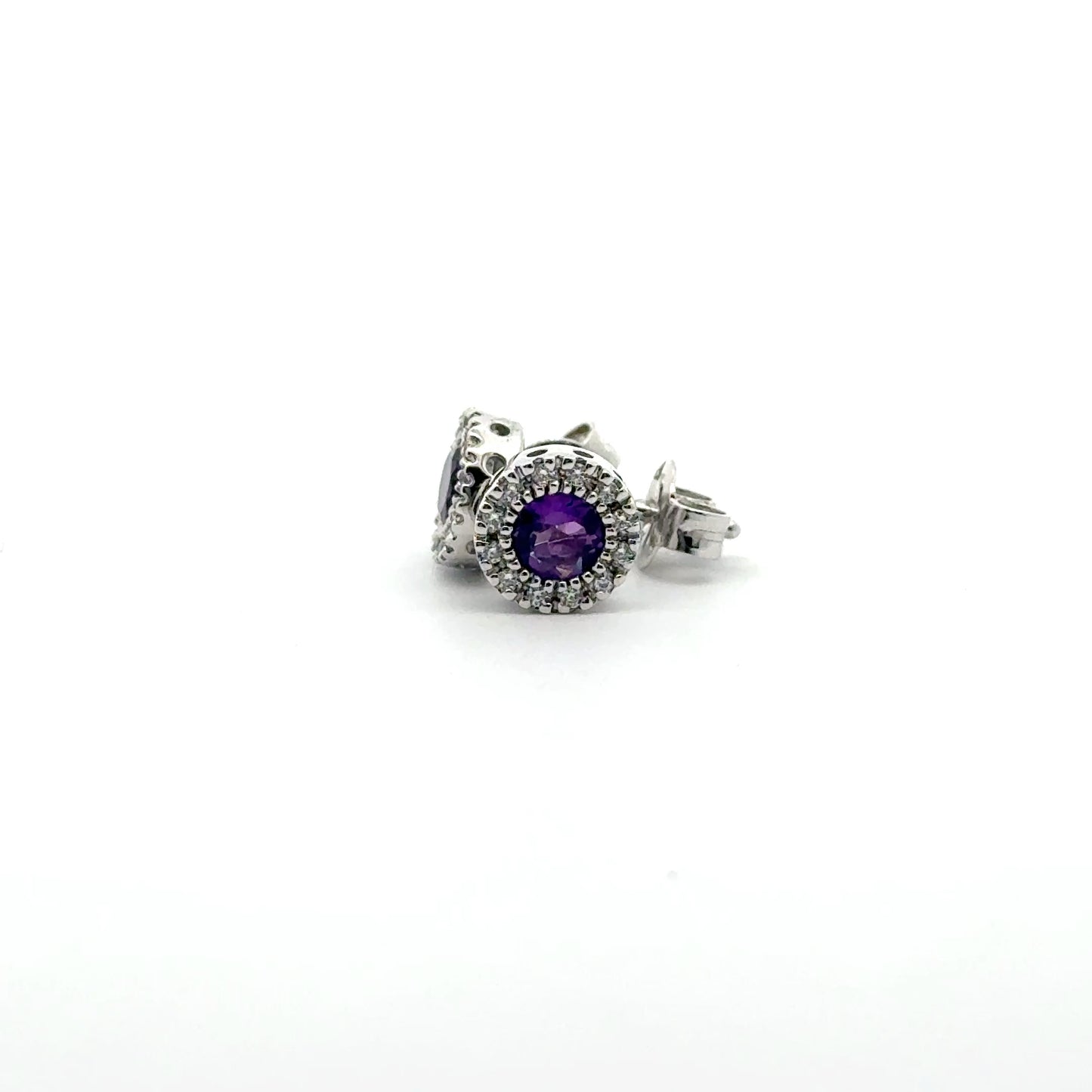 Silver Round Cut Purple Amethyst & CZ Stud Earrings