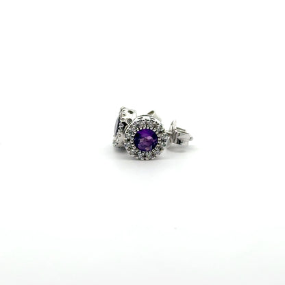 Silver Round Cut Purple Amethyst & CZ Stud Earrings