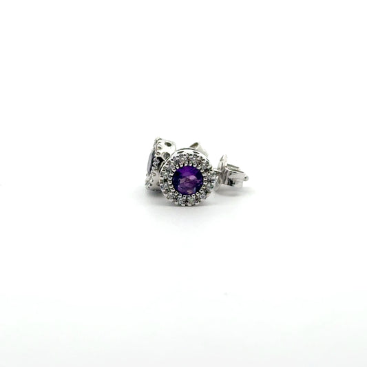 Silver Round Cut Purple Amethyst & CZ Stud Earrings