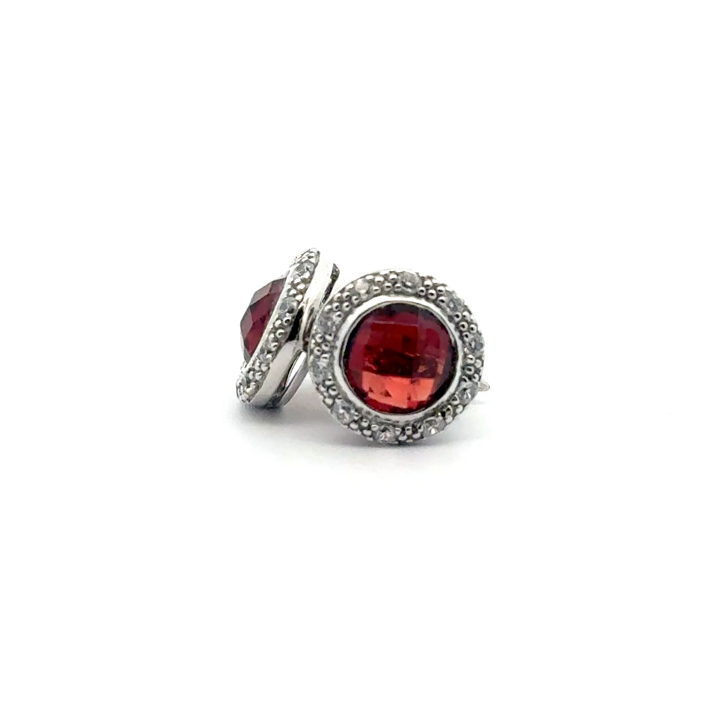 Silver Round Chequered Cut Red Garnet & CZ Stud Earrings