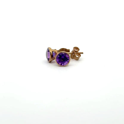 9k Yellow Gold Round Cut Purple Amethyst Stud Earrings