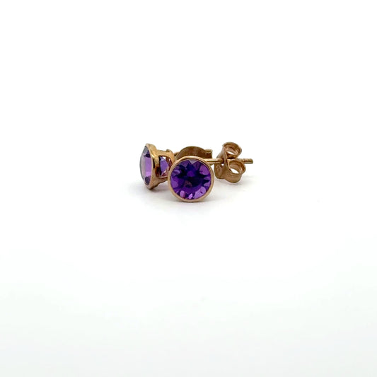 9k Yellow Gold Round Cut Purple Amethyst Stud Earrings
