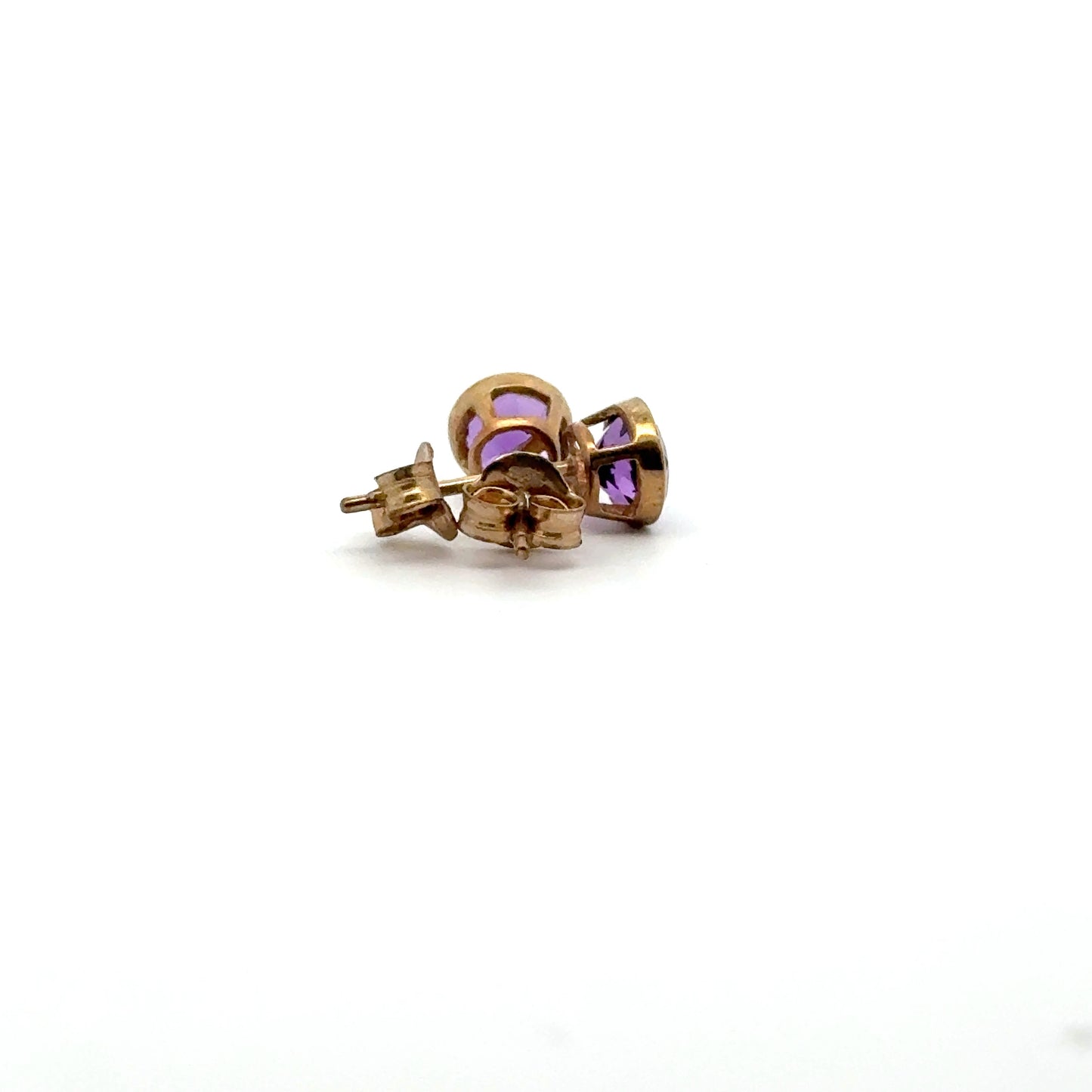 9k Yellow Gold Round Cut Purple Amethyst Stud Earrings