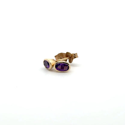 9k Yellow Gold Oval Cut Purple Amethyst Stud Earrings