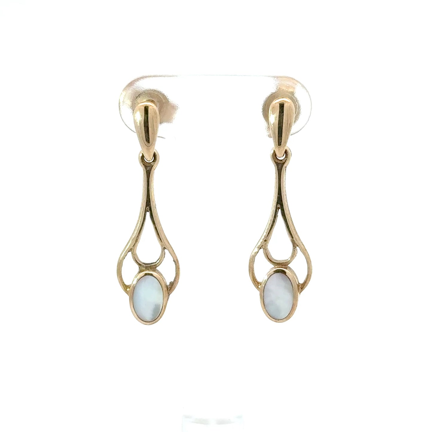 9k Yellow Gold Oval White Mother of Pearl Drop Earrings