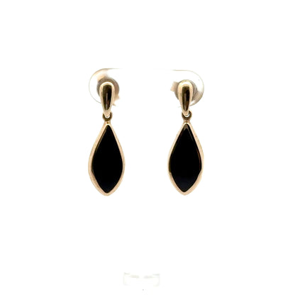 9k Yellow Gold Pear Shape Black Jet Drop Earrings