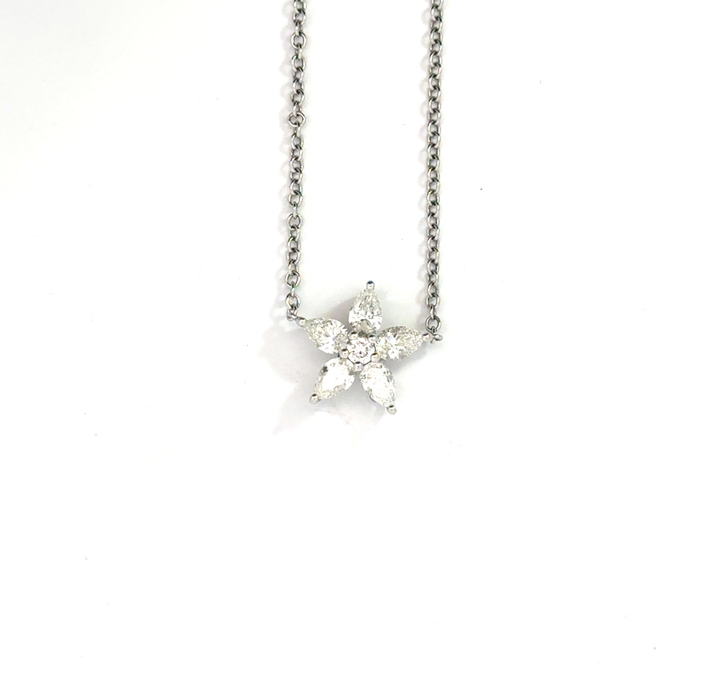 18k White Gold 0.98cttw Pear & Round Brilliant Cut Diamond Flower Pendant