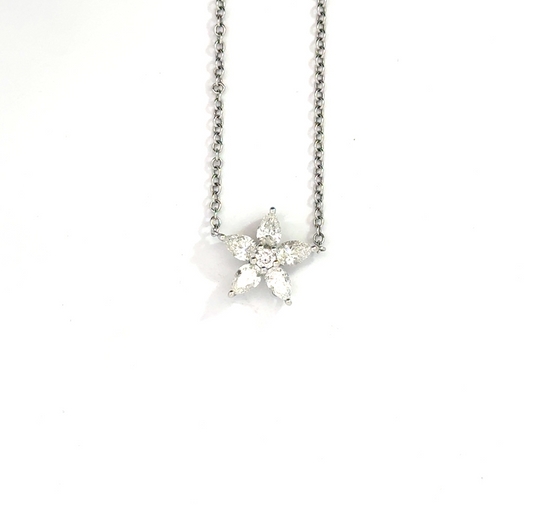 18k White Gold 0.98cttw Pear & Round Brilliant Cut Diamond Flower Pendant