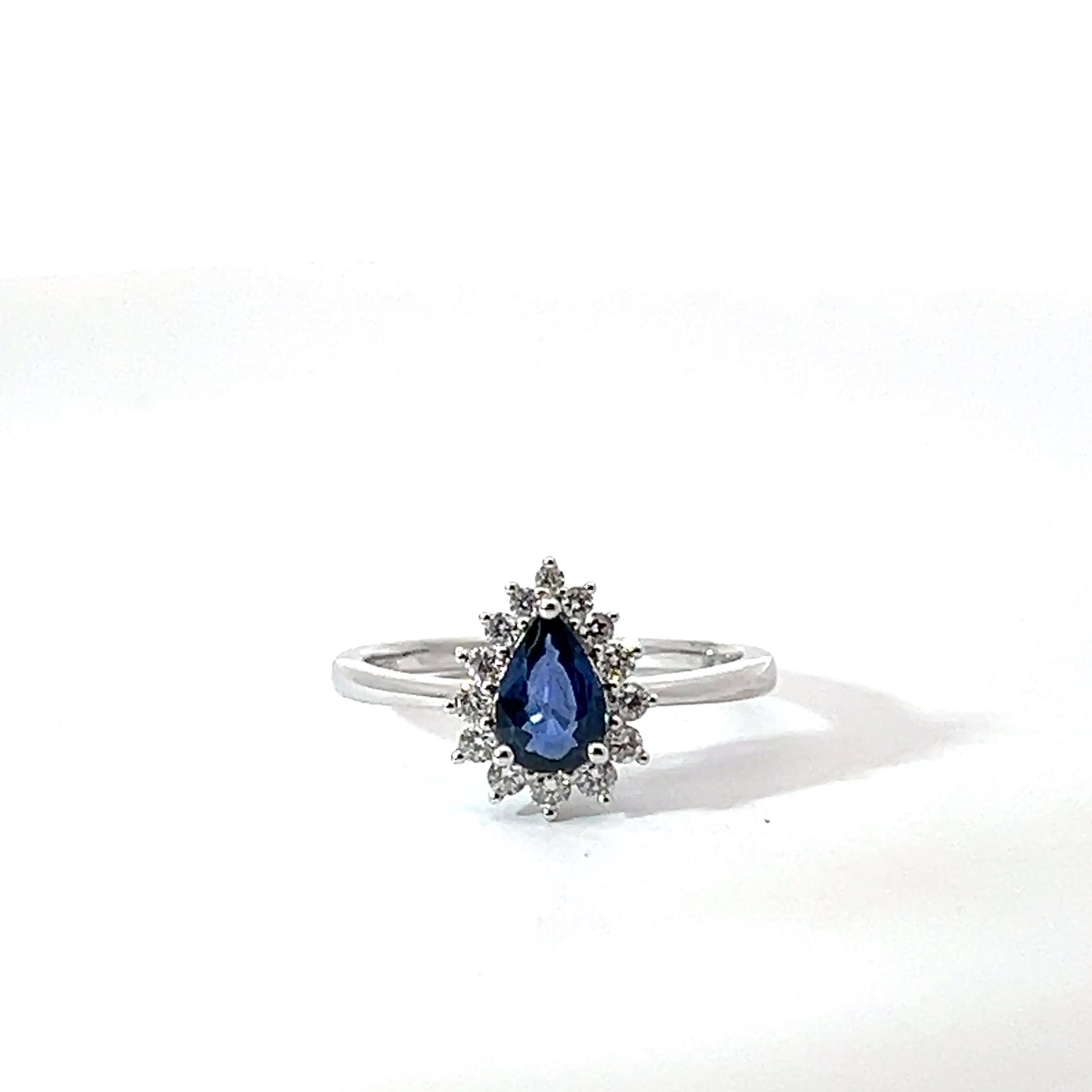 18k White Gold Pear Cut Blue Sapphire Halo Ring